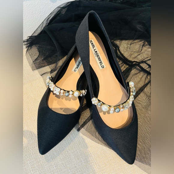Karl Lagerfeld Size 8 NWOT Black Silk Dupioni Jeweled Strap Dressy Flats - Picture 1 of 4